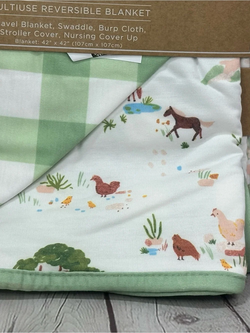 Baby Aspen Green and White Reversible Multi-Use Baby Blanket farm barn